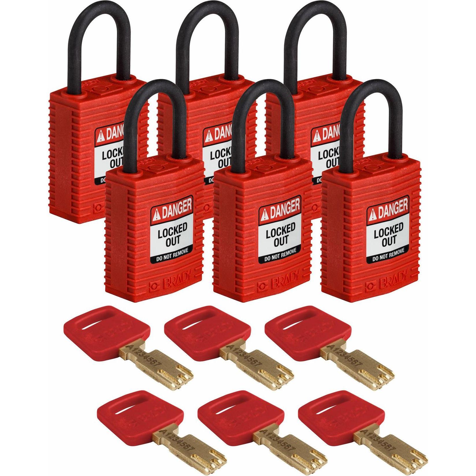 Brady, Vorhängeschloss, Safekey Kompaktes Nylon-Sicherheitsschloss mit Nylonbügel, Rot, 25 mm Bügelhöhe, 4.3 mm Büge