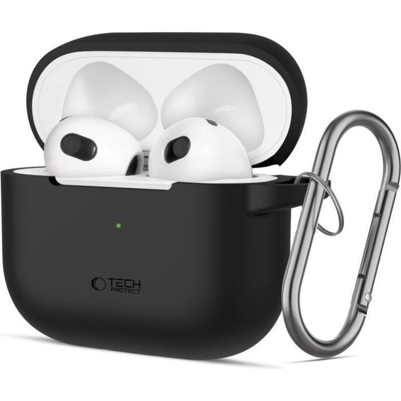 Tech-Protect Silicone Hook Case for Apple AirPods 3 - Black (Kopfhörer Hülle), Kopfhörertasche + Schutzhülle, Schwarz