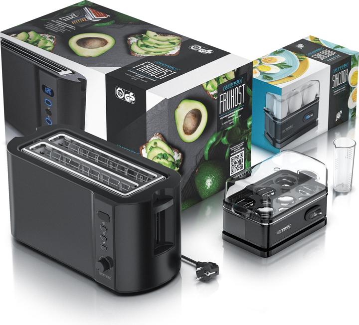 Produktbild Arendo Frühstücks Set, 4 Scheiben Langschlitz Toaster mit Brötchenaufsatz & Eierkocher für 6 Eier, Schwarz