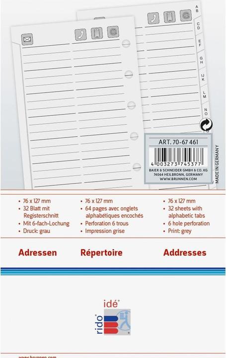 Image du produit Idé Adresses Timing 3 76x127mm 7067461.2 24 feuilles (A7, Allemand, Français, Italien, Anglais)
