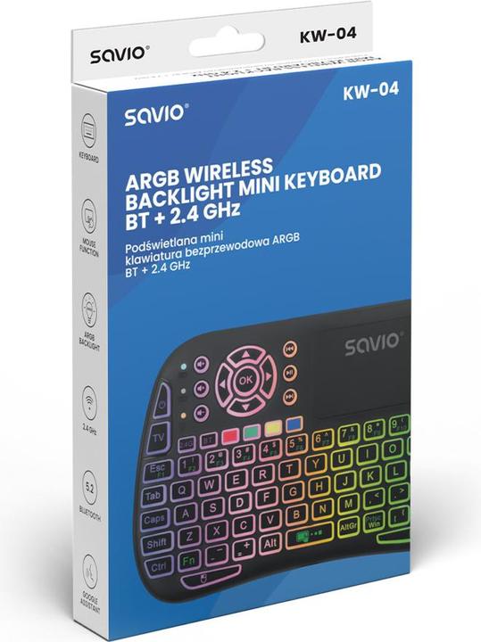 Image du produit Savio KW-04 Clavier rétro-éclairé sans fil RGB BT + 2 4 GHz TV-Box Consoles Smart TV (US, Sans fil)