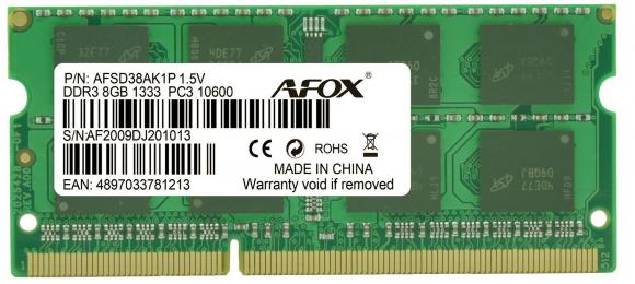 Nutritional values and ingredients AFOX SODIMM notebook memory, DDR3, 8 GB, 1333 MHz, (AFSD38AK1P) (1 x 8GB, 1333 MHz, DDR3-RAM, SO-DIMM)