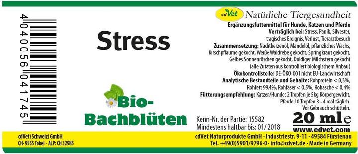 Produktbild cdVet Hunde-Nahrungsergänzung Bio-Bachblüten, Stress, 20 ml (Senior, Adult, Junior, 1 Stk., 60 g)