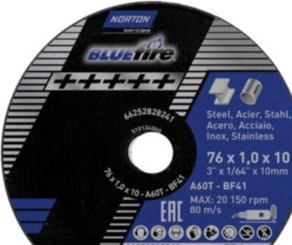 Saint-Gobain Skaereskive 76x1,0x10mm - Norton Bluefire t/stål & rustfri.max 20150 rpm/80m/sek