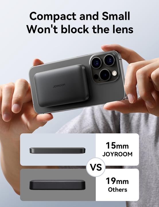 Actual product image Joyroom Powerbank JR-W020 Mini 5000mAh USB-A USB-C inductive 20W - black + USB-C / USB-C cable (5000 mAh, 20 W, 18.50 Wh)