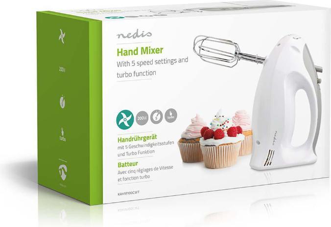 Productafbeelding Nedis Handmixer 200 W 5 snelheden Turbo functie 2 kloppers / 2 deeghaken Grijs/Wit (200 W)