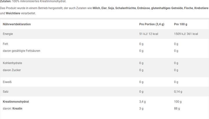 Nährwerte und Zutaten Olimp Sport Nutrition Creapure (Neutral, 1 Stk., 500 g)