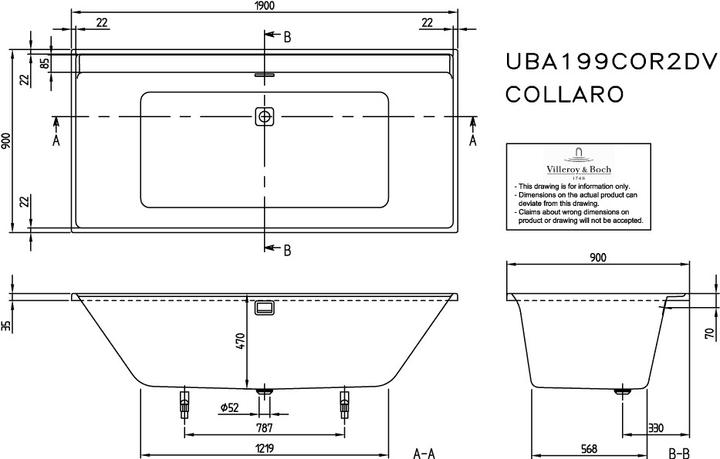 Produktbild Villeroy & Boch V&B Einbauwanne COLLARO 1900x900 m Ab u Überlgrt. bl matt we (190 cm, 90 cm)