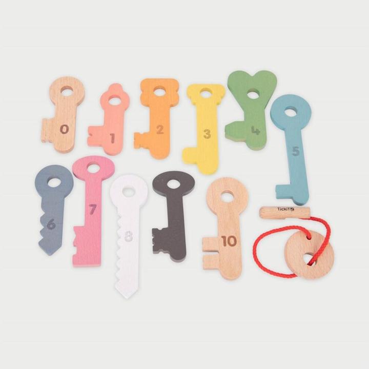 Actual product image TickiT Rainbow wooden keys – 11 numbered keys with threading cord & bag