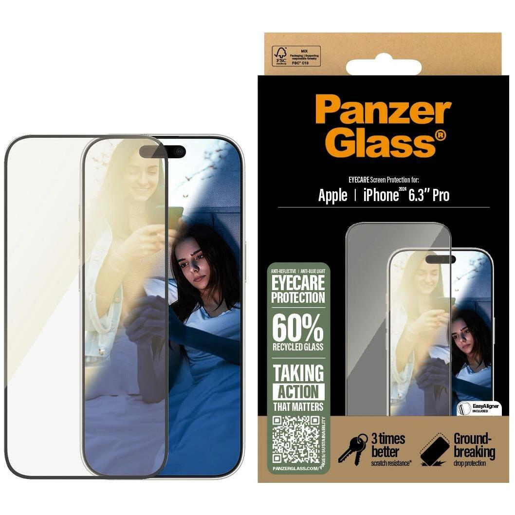 PanzerGlass Eyecare Screen Protection (1 Stück, Apple iPhone 16 Pro), Smartphone Schutzfolie, Transparent