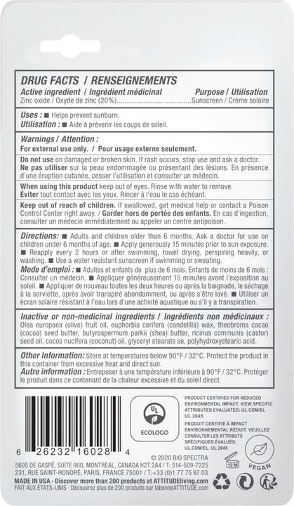 Immagine prodotto Attitude Stick solare protettivo per il viso non profumato (Crema solare viso, Stick solare, SPF 30)