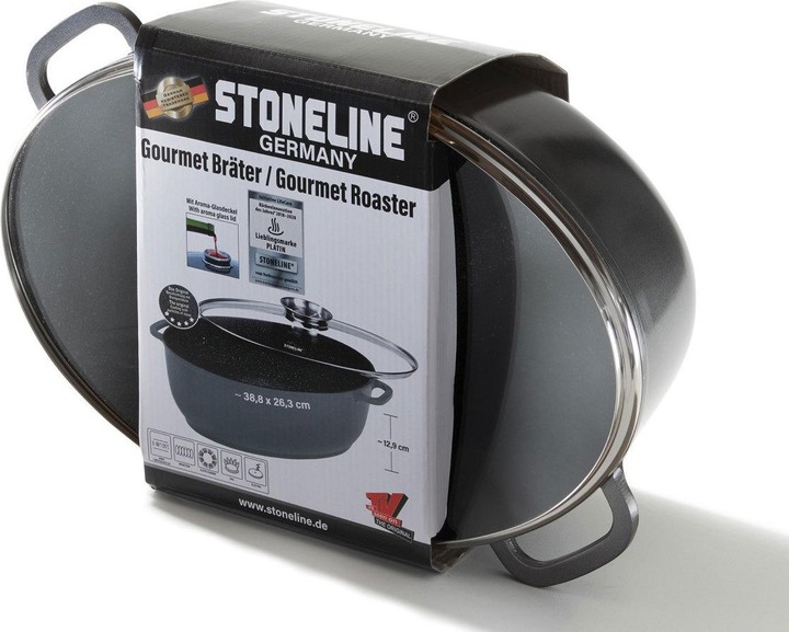 Produktbild Stoneline Gourmet Bräter 39 x 26 cm, mit Aroma-Glasdeckel (39 cm, Bräter + Schmortopf, Aluminiumguss)