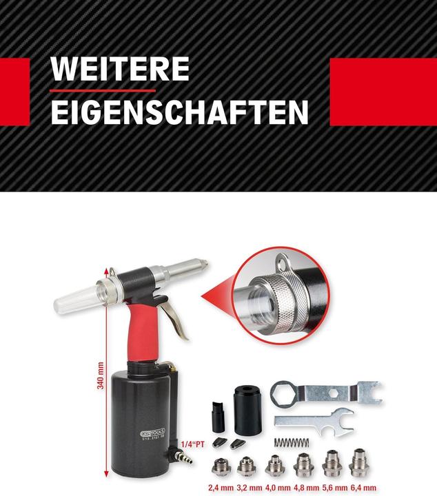 Actual product image KS Tools Druckluft-Blindniet-Pistole, 2,4-3,2-4-4,8-5,6-6,4mm (Nail gun)