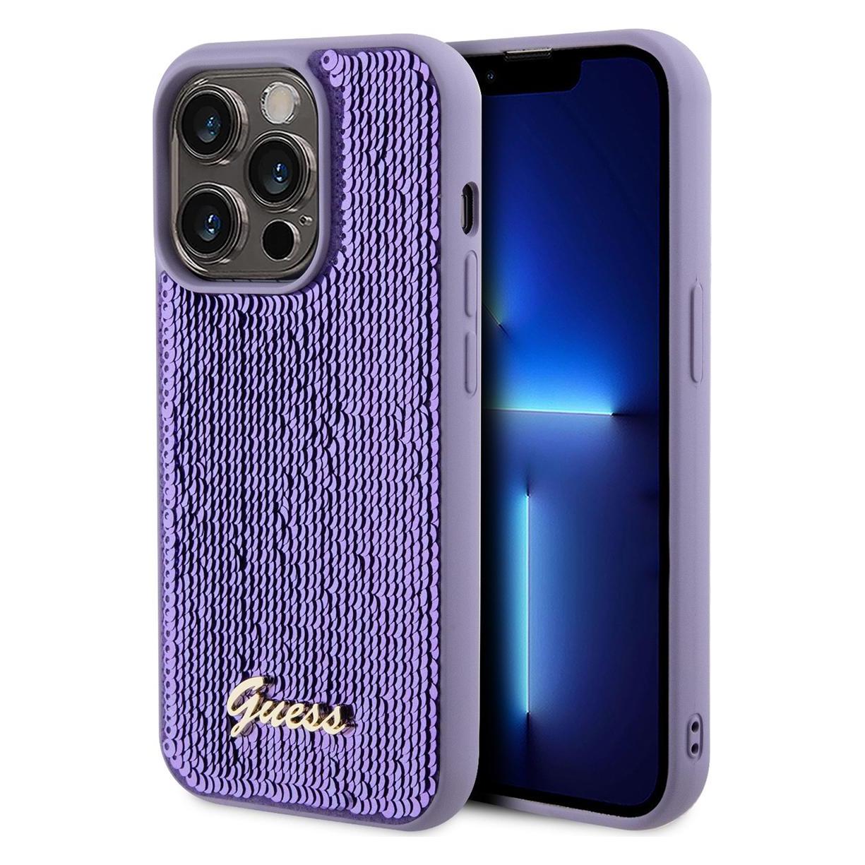 Guess GUHCP14LPSFDGSU IPhone 14 Pro 6.1" Fioletowy/purple Hardcase Sequin Script Metal (Apple IPhone 14 Pro), Smartphone Hülle, Violett