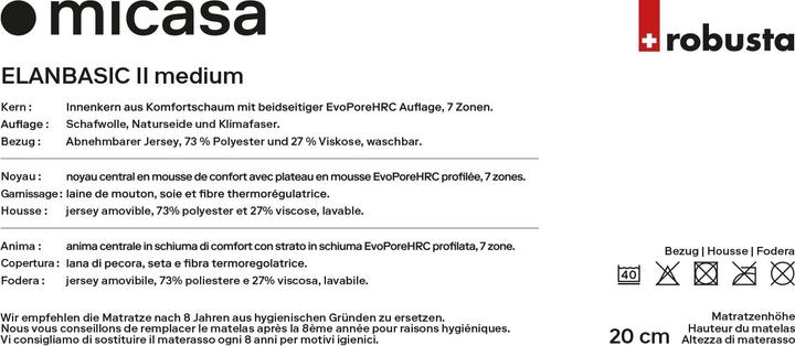 Valeurs nutritives et ingrédients Robusta Swiss Bedding Elanbasic II (120 x 200 cm, Noyau de mousse)