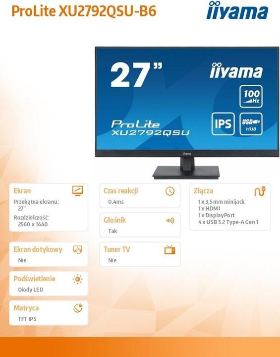 Label énergétique iiyama XU2792QSU-B6/27" Business WQHD (2560 x 1440 pixels, 27")