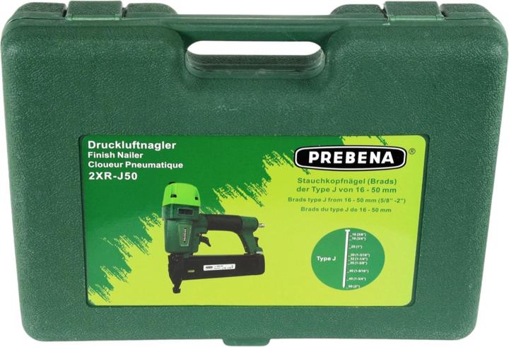 Produktbild Prebena 2XR-J50 Druckluftnagler 4,0 - 7,0 Bar + PROFI-J-BOX Stauchkopfnägel Brads 12500 Stk. +