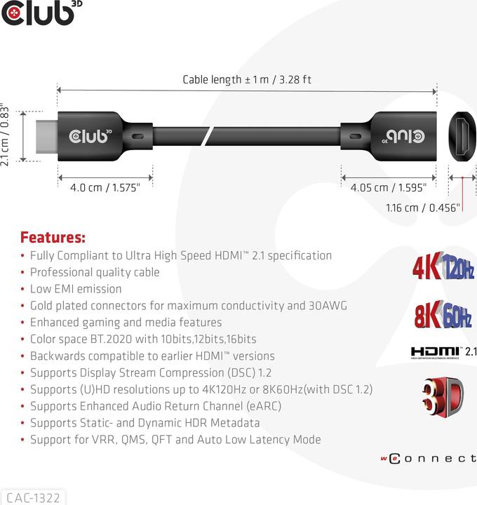 Actual product image Club 3D HDMI (Type A) - HDMI (Type A) (1 m, HDMI, 2.1)
