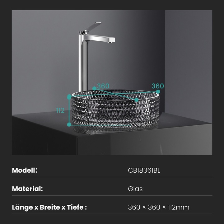 Immagine prodotto Emke Lavabo da appoggio, 360 x 360 x 112 mm, Lavabo in vetro nero, Lavabo da appoggio rotondo (360 mm, 360 mm)