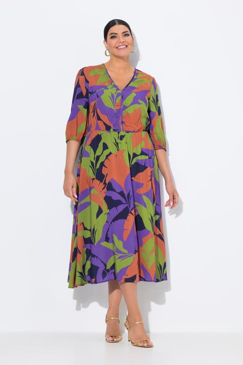 Image du produit Ulla Popken Robe midi coupe évasée, motif feuilles, décolleté en V et manches 3/4 (52)