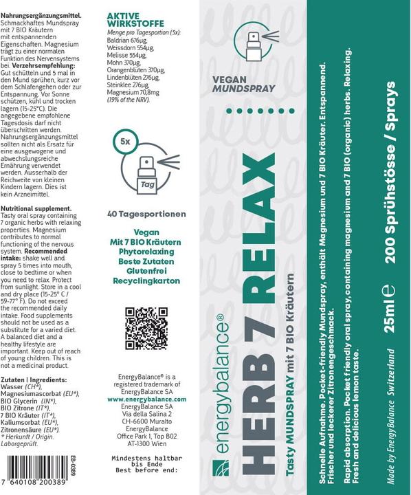 Valori nutrizionali e ingredienti Energybalance Erba 7 Rilassati (1 Pezzo/i, Getto vaporizzato)