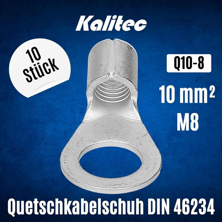 Produktbild Kalitec 10 Stück Q10-8 Quetschkabelschuh 10mm² M8 I Unisoliert I Dornpressung I Für mehr-, fein- und