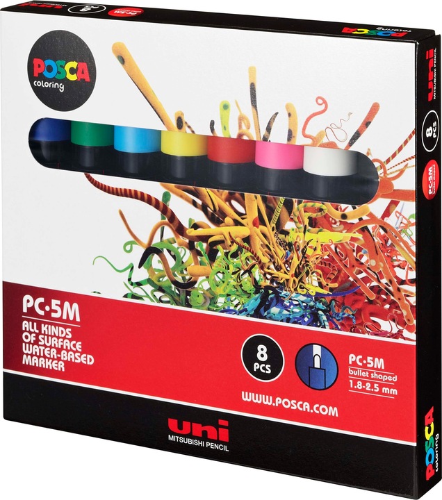 Immagine prodotto Posca Marchio PC-5M a punta tonda (Colori di base, 2.50 mm, 8 x)