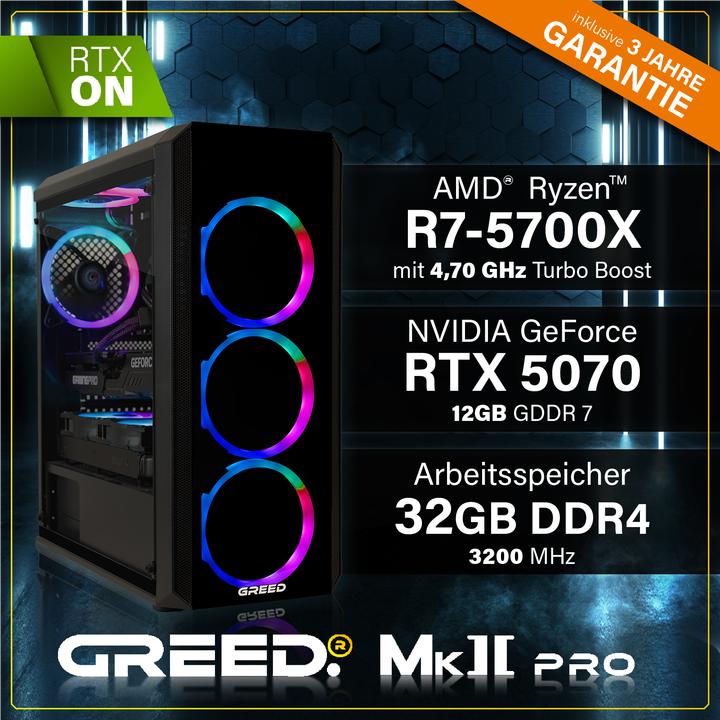 Produktbild Greed MK2 AMD PRO - Gaming PC - RTX 5070 (1000 GB, 32 GB, AMD Ryzen 7 5700X, GeForce RTX 5070)