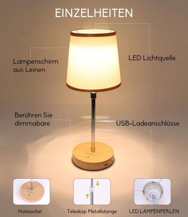 Actual product image Jowhol Solid wood bedside lamp with 2 USB ports