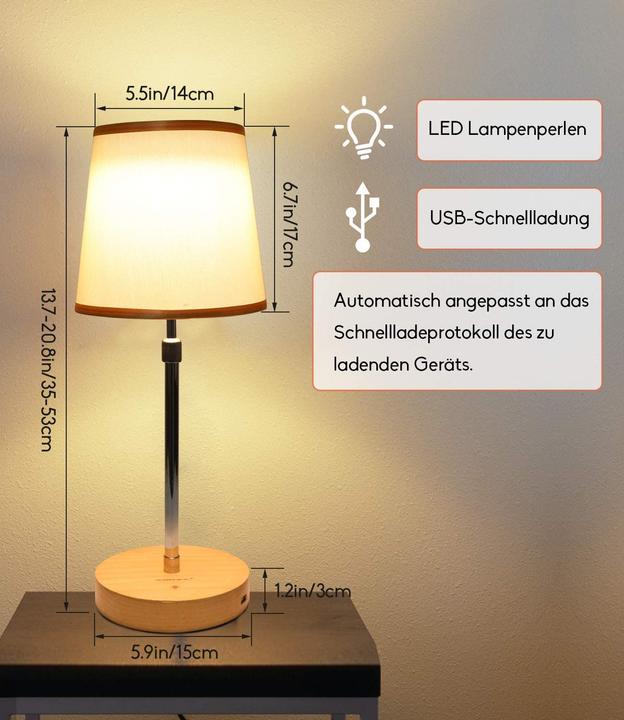 Actual product image Jowhol Solid wood bedside lamp with 2 USB ports