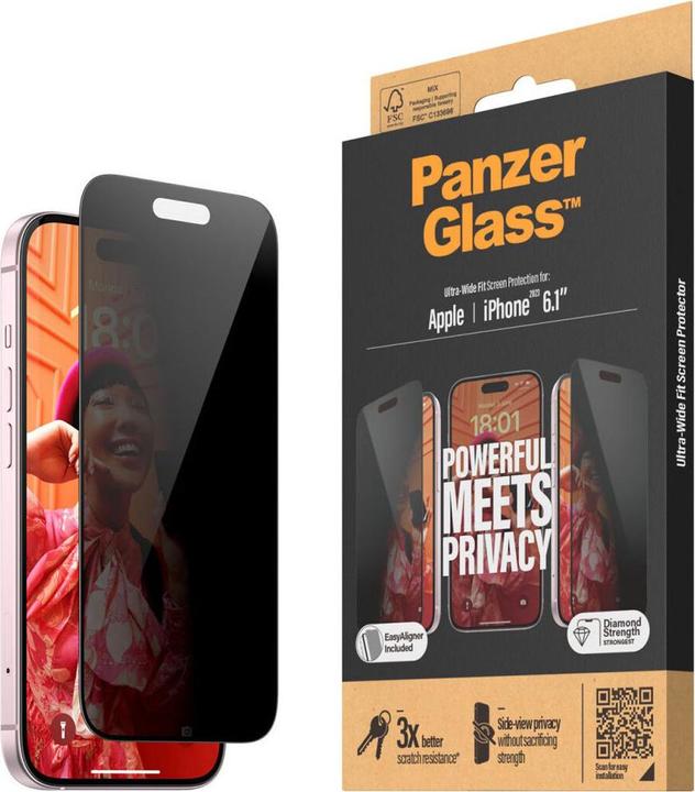 Produktbild PanzerGlass Privacy Screen Protector Ultra-Wide Fit w. EasyAlig. (1 Stück, Apple iPhone 15)