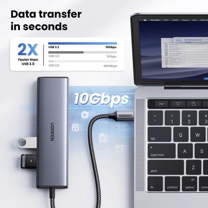 Produktbild Ugreen USB-C Hub CM512, 1 x USB-A 3.2 - 1 x USB-A - 3 x USB-C - 1 x RJ45, Grey (USB-C)
