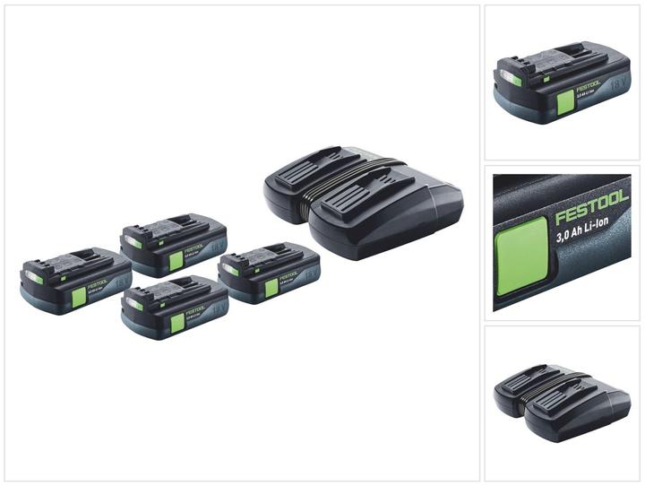 Festool Energie Set 4x BP 18 Li 3,0 C Akku 18 V 3,0 Ah / 3000 mAh Li-Ion ( 4x 577658 ) + TCL 6 DUO (18 V)