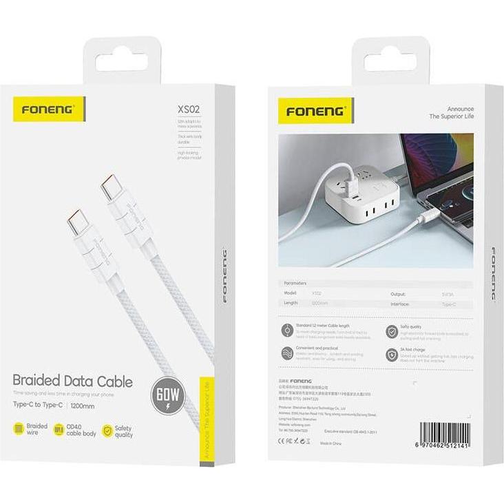 Thumbnail - Foneng XS02 60W USB-C to USB-C cable, 1.2m (white) (1.20 m, USB 3.2 Gen 1), USB Kabel