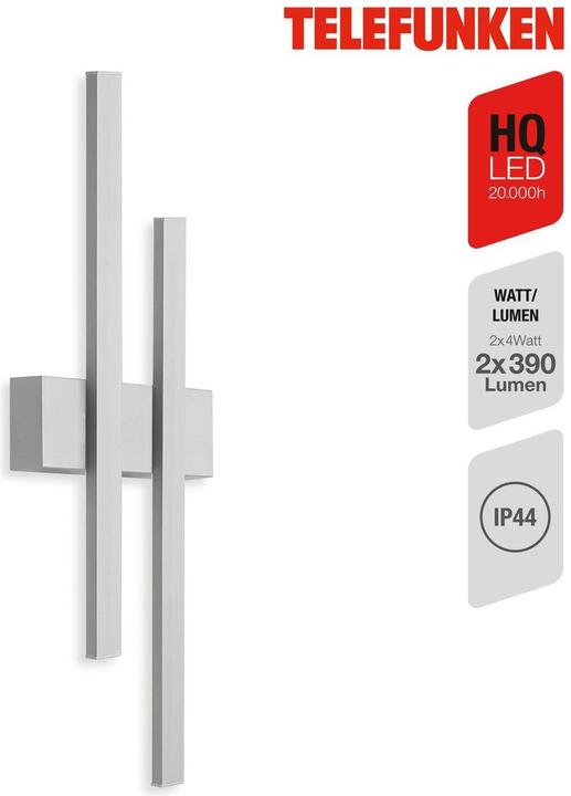 Produktbild Telefunken LED Auenwandleuchte IP44 2x4W 390 lm 4000 K neutralwei Graz silber 470 mm (390 lm, IP44)