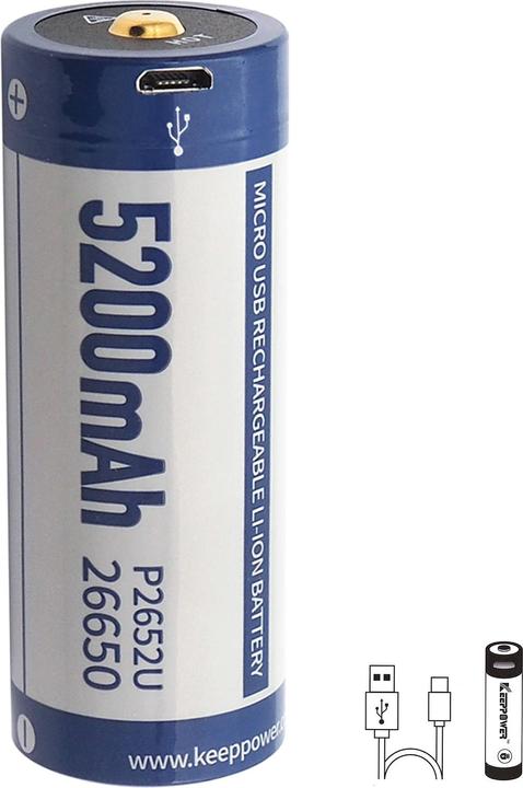 Keeppower 5200mAh 26650 Li-Ion Akku 3,7 Volt 70,3x26,5mm PCB geschützt mit USB Lademöglichkeit (1 pcs, 26650, 5200 mAh)