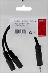 Produktbild NoName Audio Adapter, Stecker (3,5 mm) 4-polig - 2x Jack-Buchse (3.5mm), 0.2 m, Stereo, schwarz, Logo (Klinkenadapter)