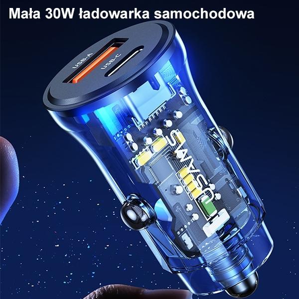 Actual product image Usams 30W Transparent USB-A + USB-C Mini Car Charger