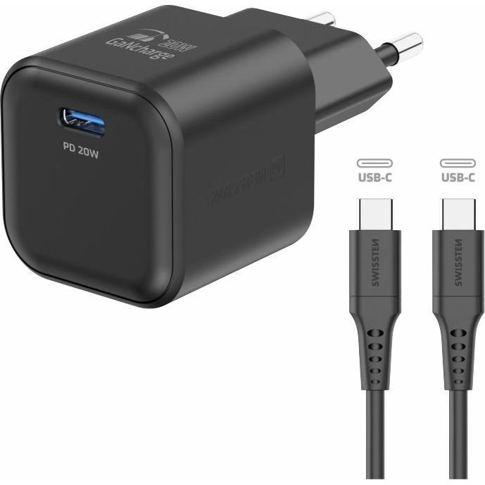 Swissten Travel Charger Gan 1X USB-C 20W Power Delivery Black + Data Cable USB-C/USB-C 1,2 M Black (20 W), USB Ladegerät...
