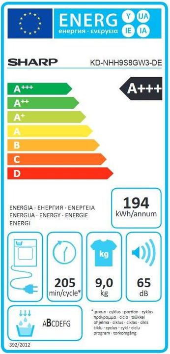Energy Label Sharp KD-NHH9S8GW3-DE (9 kg, Right)