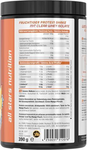 Immagine prodotto All Stars Proteine Whey Isolate Clear (barattolo da 390 g) (Tè freddo al mango e pesca, 1 pz., 390 g)