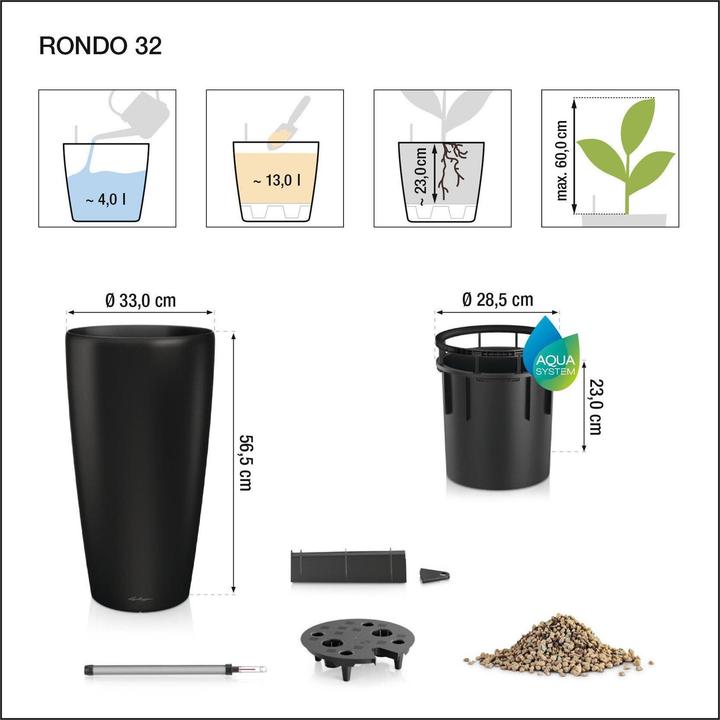 Lechuza RONDO Premium 32 Vaso Per Piante Con Irrigazione Integrata – Nero Opaco, 32,5x56,5 Cm
