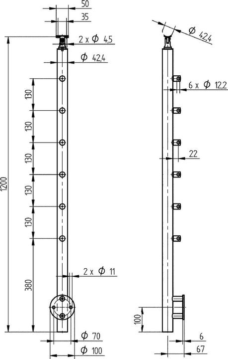 Actual product image Croso Prefabricated upright for wall mounting, 1200mm, w. 6 crossbar holders, stainless steel V2A