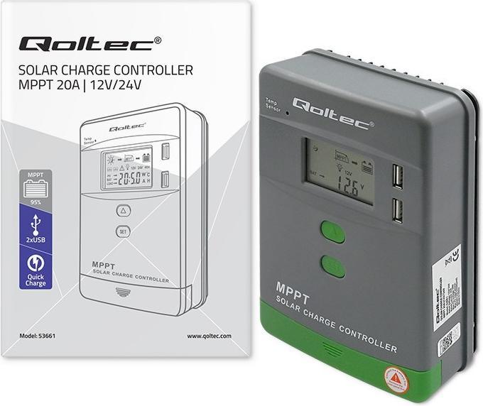 Actual product image Qoltec Solar MPPT charge controller with temperature sensor 20A |12V/24V | LCD display | 2 x USB