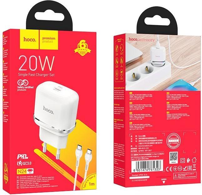 Actual product image Hoco Victorious N24, 20W, 3A, 1 x USB-C, with USB-C Cable, white