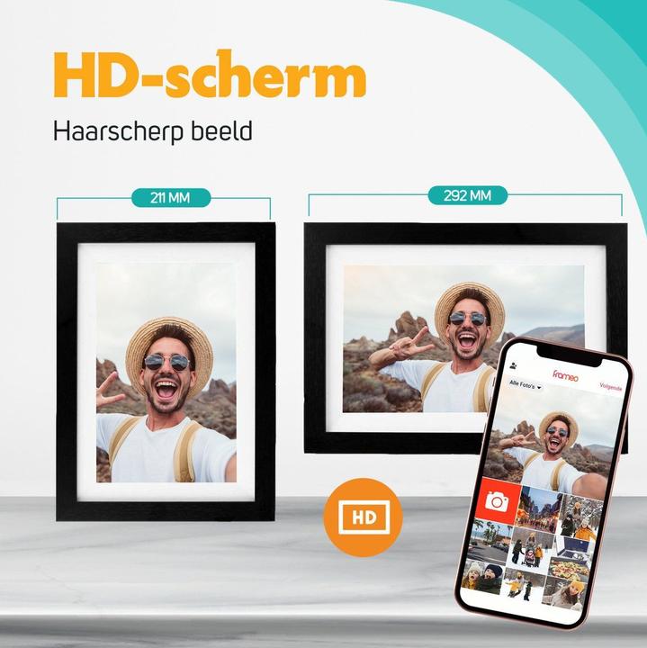 Produktbild fotolijst met WiFi en Frameo App Fotokader - 10 inch - Pora HD+ -IPS Display Zwart/Hout - Micro SD - (10.10", 1280 x 800 Pixel)