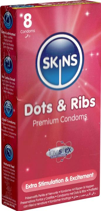 Produktbild Skins Dots & Ribs» 12 gerippt/genoppte Kondome aus kristallklarem Latex - ohne Latexgeruch (12 Stk.)