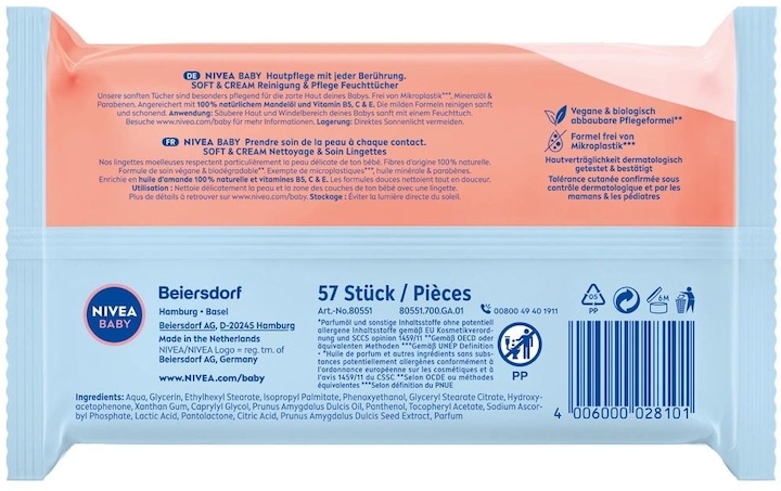 Nährwerte und Zutaten NIVEA Soft & Cream Feuchttücher Quattro (228 Stück)