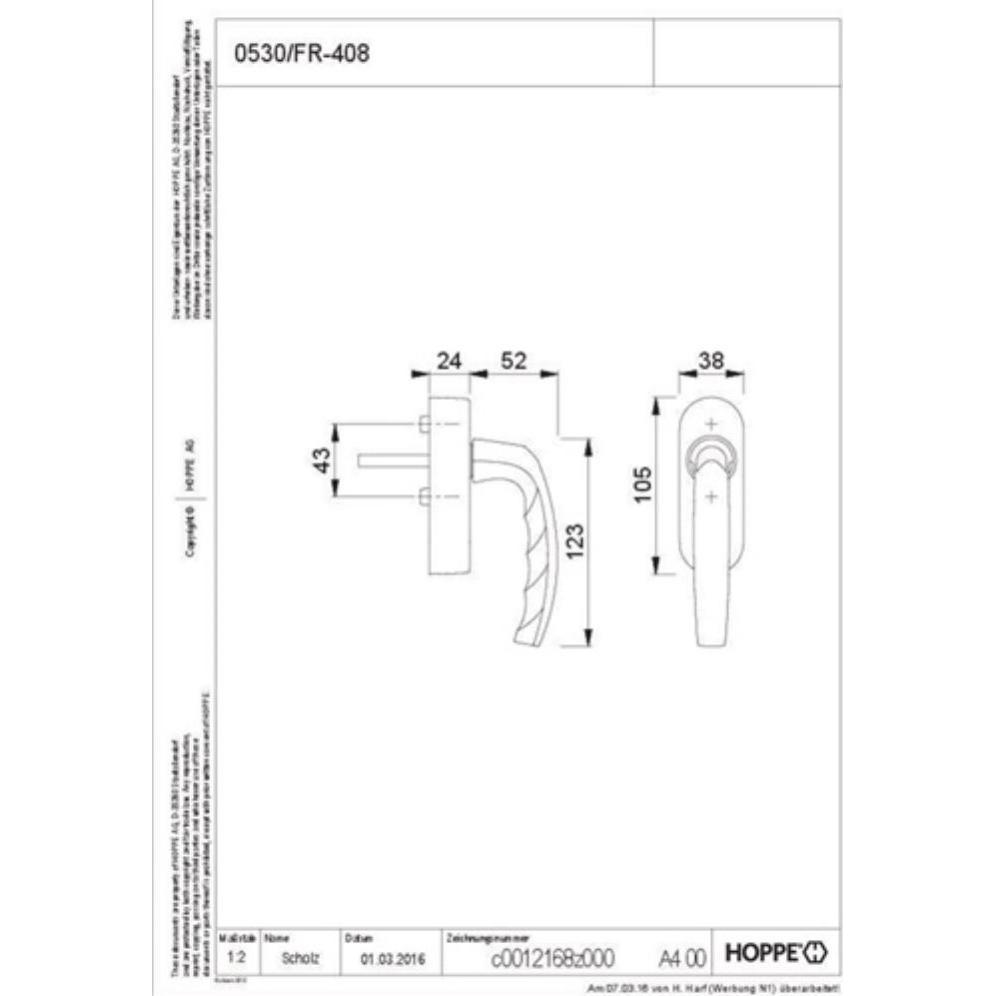 Thumbnail - Hoppe, Türgriff + Fenstergriff, Fenstergriff Atlanta 0530/FR-408 Aluminium F1 / naturfarbig 32-42 mm SecuSignal/Secustik...