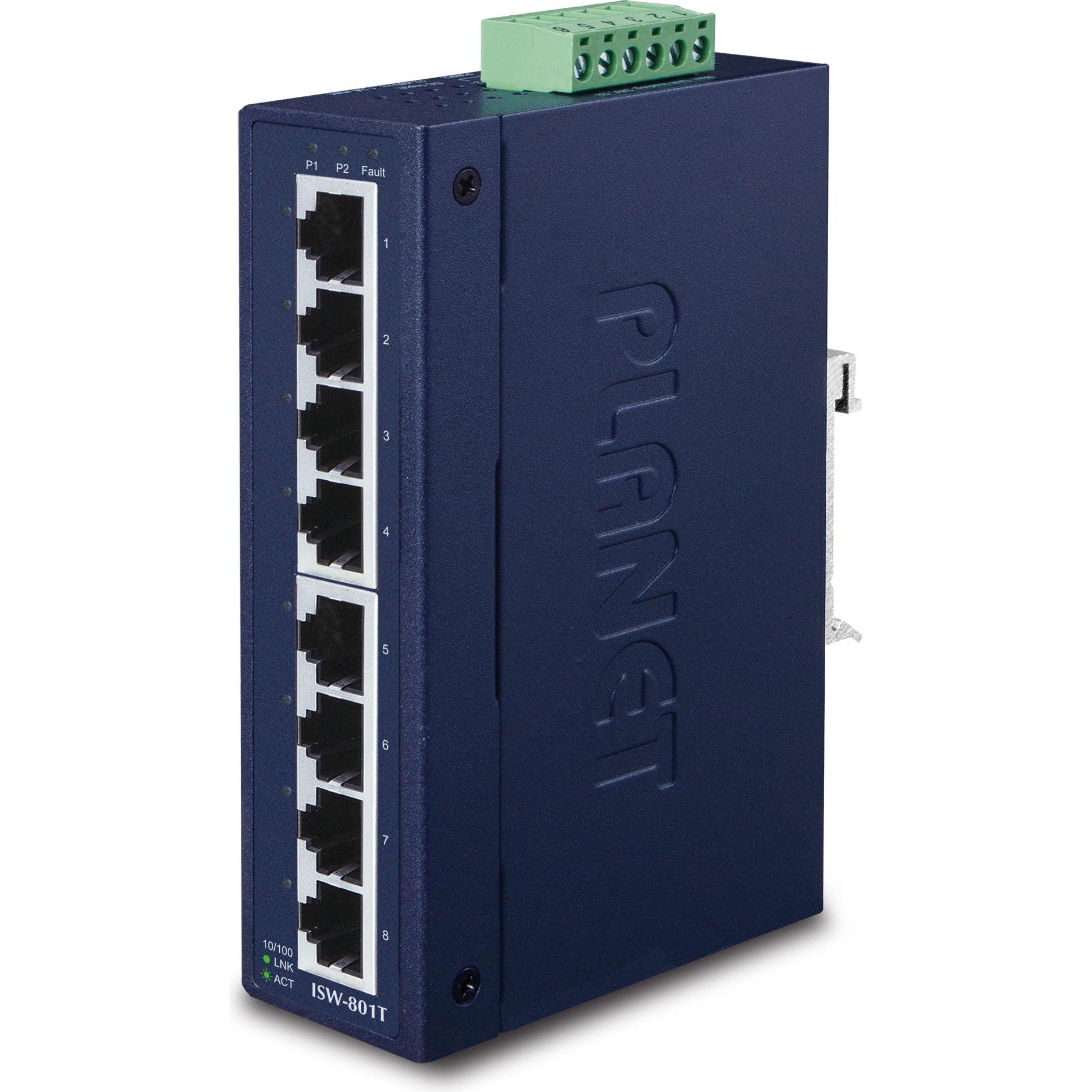 Planet Industrieller Fast Ethernet Switch 8-Port 10/100 Mbps RJ45 IP30 (8 Ports), Netzwerk Switch, Schwarz